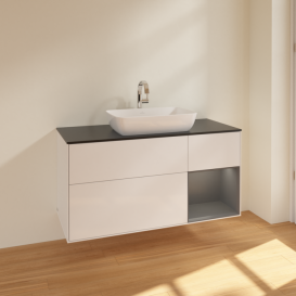 Тумба под раковину Villeroy & Boch Finion 120х50,1 см с подсветкой МДФ глянцевый белый лак/стекло черное матовое F832GKGF