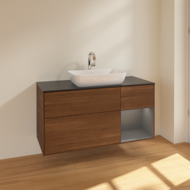 Тумба под раковину Villeroy & Boch Finion 120х50,1 см с подсветкой МДФ шпон грецкого ореха/стекло черное матовое F832GKGN