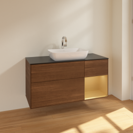 Тумба под раковину Villeroy & Boch Finion 120х50,1 см с подсветкой МДФ шпон грецкого ореха/стекло черное матовое F832HFGN