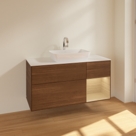 Тумба под раковину Villeroy & Boch Finion 120х50,1 см с подсветкой МДФ шпон грецкого ореха/стекло белое матовое F831PCGN