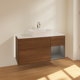 Тумба под раковину Villeroy & Boch Finion 120х50,1 см с подсветкой МДФ шпон грецкого ореха/стекло белое матовое G831GKGN