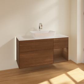 Тумба под раковину Villeroy & Boch Finion 120х50,1 см с подсветкой МДФ шпон грецкого ореха/стекло белое матовое G831GNGN