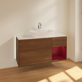 Тумба под раковину Villeroy & Boch Finion 120х50,1 см с подсветкой МДФ шпон грецкого ореха/стекло белое матовое G831HBGN