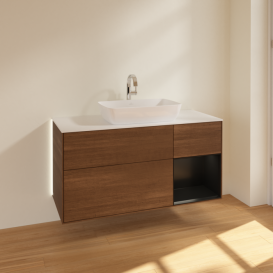 Тумба под раковину Villeroy & Boch Finion 120х50,1 см с подсветкой МДФ шпон грецкого ореха/стекло белое матовое G831PDGN