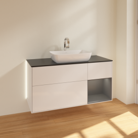 Тумба под раковину Villeroy & Boch Finion 120х50,1 см с подсветкой МДФ глянцевый белый лак/стекло черное матовое G832GKGF