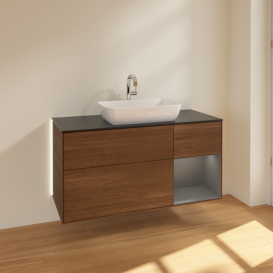 Тумба под раковину Villeroy & Boch Finion 120х50,1 см с подсветкой МДФ шпон грецкого ореха/стекло черное матовое G832GKGN