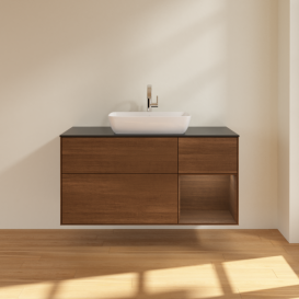 Тумба под раковину Villeroy & Boch Finion 120х50,1 см с подсветкой МДФ шпон грецкого ореха/стекло черное матовое G832GNGN