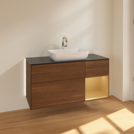 	Тумба под раковину Villeroy & Boch Finion 120х50,1 см с подсветкой МДФ шпон грецкого ореха/стекло черное матовое G832HFGN