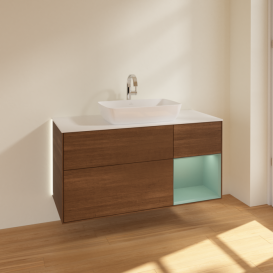 Тумба под раковину Villeroy & Boch Finion 120х50,1 см с подсветкой МДФ шпон грецкого ореха/стекло белое матовое G831GMGN