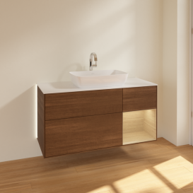 Тумба под раковину Villeroy & Boch Finion 120х50,1 см с подсветкой МДФ шпон грецкого ореха/стекло белое матовое G831PCGN