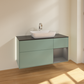 Тумба під раковину Villeroy & Boch Finion 120х50,1 см із підсвічуванням МДФ оливковий матовий лак/скло чорне матове G832GKGM