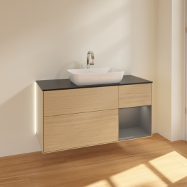 Тумба под раковину Villeroy & Boch Finion 120х50,1 см с подсветкой МДФ шпон дуба/стекло черное матовое G832GKPC