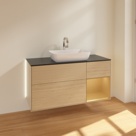 Тумба под раковину Villeroy & Boch Finion 120х50,1 см с подсветкой МДФ шпон дуба/стекло черное матовое G832HFPC