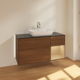 Тумба под раковину Villeroy & Boch Finion 120х50,1 см с подсветкой МДФ шпон грецкого ореха/стекло черное матовое G832PCGN