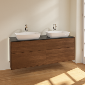 Тумба под раковину Villeroy & Boch Finion 160х50,1 см с подсветкой МДФ шпон грецкого ореха/стекло черное матовое G84200GN