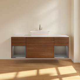 Тумба под раковину Villeroy & Boch Finion 160х50,1 см с подсветкой МДФ шпон грецкого ореха/стекло белое матовое F861GKGN