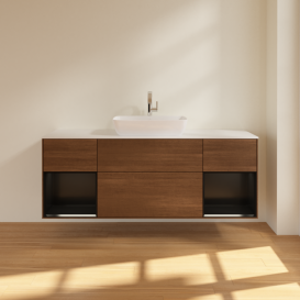 Тумба под раковину Villeroy & Boch Finion 160х50,1 см с подсветкой МДФ шпон грецкого ореха/стекло белое матовое F861PDGN