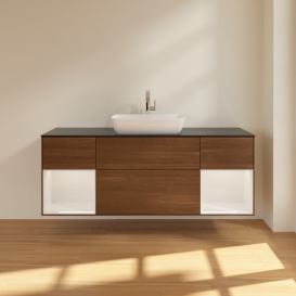 Тумба под раковину Villeroy & Boch Finion 160х50,1 см с подсветкой МДФ шпон грецкого ореха/стекло черное матовое F862GFGN