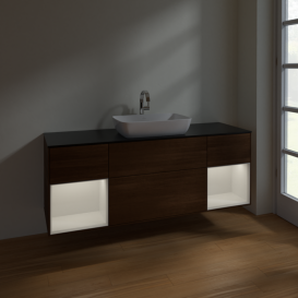 Тумба под раковину Villeroy & Boch Finion 160х50,1 см с подсветкой МДФ шпон грецкого ореха/стекло черное матовое F862GFGN