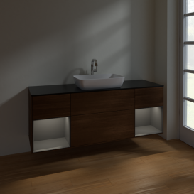 Тумба под раковину Villeroy & Boch Finion 160х50,1 см с подсветкой МДФ шпон грецкого ореха/стекло черное матовое F862GKGN