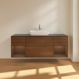 Тумба под раковину Villeroy & Boch Finion 160х50,1 см с подсветкой МДФ шпон грецкого ореха/стекло черное матовое F862GNGN