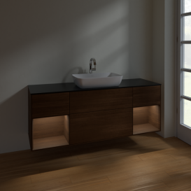 Тумба под раковину Villeroy & Boch Finion 160х50,1 см с подсветкой МДФ шпон грецкого ореха/стекло черное матовое F862GNGN