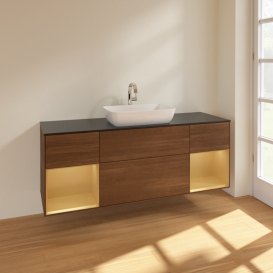 Тумба под раковину Villeroy & Boch Finion 160х50,1 см с подсветкой МДФ шпон грецкого ореха/стекло черное матовое F862HFGN