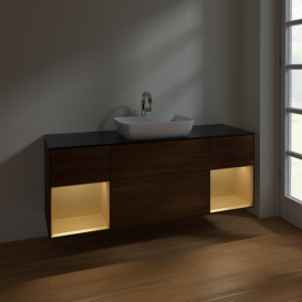 Тумба под раковину Villeroy & Boch Finion 160х50,1 см с подсветкой МДФ шпон грецкого ореха/стекло черное матовое F862HFGN