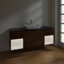 Тумба под раковину Villeroy & Boch Finion 160х50,1 см с подсветкой МДФ шпон грецкого ореха/стекло черное матовое F862MTGN