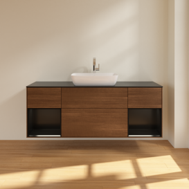 Тумба под раковину Villeroy & Boch Finion 160х50,1 см с подсветкой МДФ шпон грецкого ореха/стекло черное матовое F862PDGN