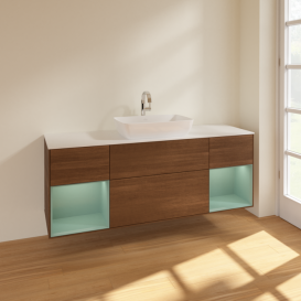 Тумба под раковину Villeroy & Boch Finion 160х50,1 см с подсветкой МДФ шпон грецкого ореха/стекло белое матовое F861GMGN