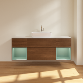 Тумба под раковину Villeroy & Boch Finion 160х50,1 см с подсветкой МДФ шпон грецкого ореха/стекло белое матовое F861GMGN