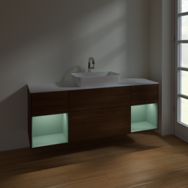 Тумба под раковину Villeroy & Boch Finion 160х50,1 см с подсветкой МДФ шпон грецкого ореха/стекло белое матовое F861GMGN