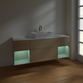 Тумба под раковину Villeroy & Boch Finion 160х50,1 см с подсветкой МДФ шпон дуба/стекло белое матовое F861GMPC