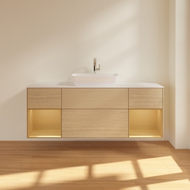 Тумба под раковину Villeroy & Boch Finion 160х50,1 см с подсветкой МДФ шпон дуба/стекло белое матовое F861HFPC