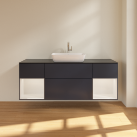 Тумба под раковину Villeroy & Boch Finion 160х50,1 см с подсветкой МДФ темно-синий матовый лак/стекло черное матовое F862GFHG