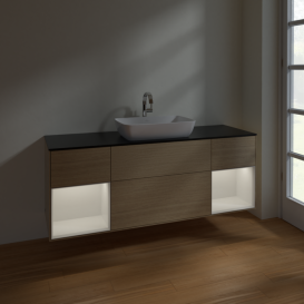 Тумба под раковину Villeroy & Boch Finion 160х50,1 см с подсветкой МДФ шпон дуба/стекло черное матовое F862GFPC