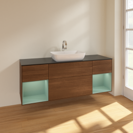 Тумба под раковину Villeroy & Boch Finion 160х50,1 см с подсветкой МДФ шпон грецкого ореха/стекло черное матовое F862GMGN