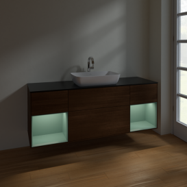 Тумба под раковину Villeroy & Boch Finion 160х50,1 см с подсветкой МДФ шпон грецкого ореха/стекло черное матовое F862GMGN