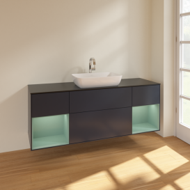 Тумба под раковину Villeroy & Boch Finion 160х50,1 см с подсветкой МДФ темно-синий матовый лак/стекло черное матовое F862GMHG