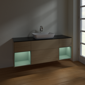 Тумба под раковину Villeroy & Boch Finion 160х50,1 см с подсветкой МДФ шпон дуба/стекло черное матовое F862GMPC