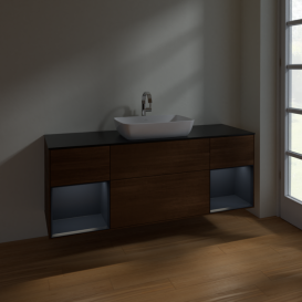 Тумба под раковину Villeroy & Boch Finion 160х50,1 см с подсветкой МДФ шпон грецкого ореха/стекло черное матовое F862HGGN