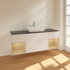 Тумба под раковину Villeroy & Boch Finion 160х50,1 см с подсветкой МДФ глянцевый белый лак/стекло черное матовое F862PCGF