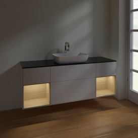 Тумба под раковину Villeroy & Boch Finion 160х50,1 см с подсветкой МДФ глянцевый белый лак/стекло черное матовое F862PCGF