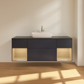 Тумба под раковину Villeroy & Boch Finion 160х50,1 см с подсветкой МДФ темно-синий матовый лак/стекло черное матовое F862PCHG