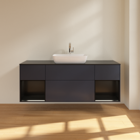 Тумба под раковину Villeroy & Boch Finion 160х50,1 см с подсветкой МДФ темно-синий матовый лак/стекло черное матовое F862PDHG