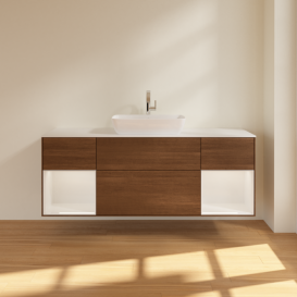 Тумба под раковину Villeroy & Boch Finion 160х50,1 см с подсветкой МДФ шпон грецкого ореха/стекло белое матовое G861GFGN