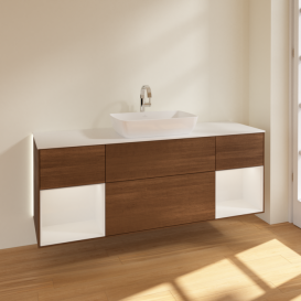 Тумба под раковину Villeroy & Boch Finion 160х50,1 см с подсветкой МДФ шпон грецкого ореха/стекло белое матовое G861GFGN