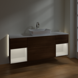 Тумба под раковину Villeroy & Boch Finion 160х50,1 см с подсветкой МДФ шпон грецкого ореха/стекло белое матовое G861GFGN