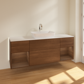 Тумба под раковину Villeroy & Boch Finion 160х50,1 см с подсветкой МДФ шпон грецкого ореха/стекло белое матовое G861GNGN